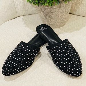 O16-Black Faux Suede with Silver Studs Mules/Slippers